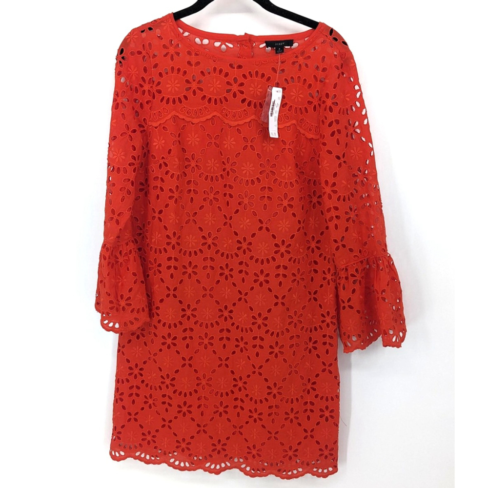 J Crew Dress Womens 4 Orange Bell Sleeve Eyelet Lace Floral Shift NWT